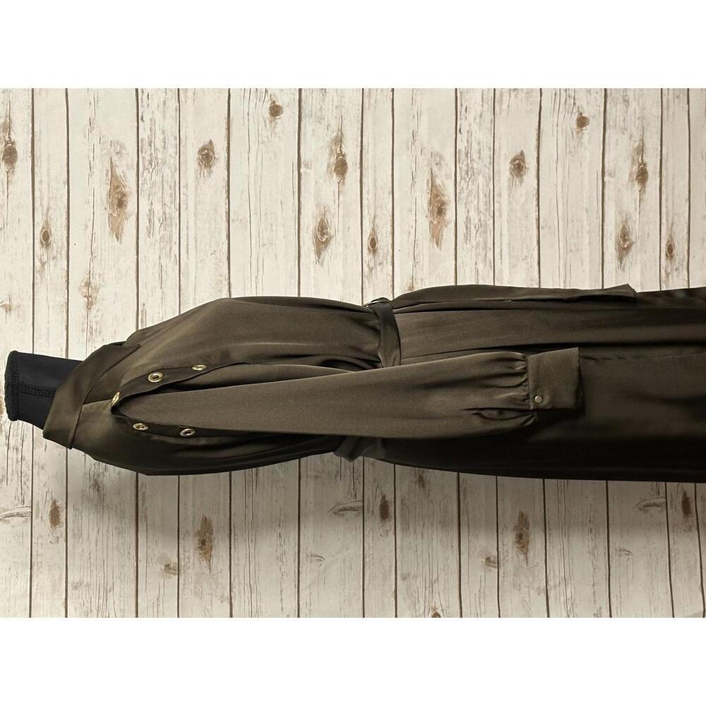 Zara olive green satin grommet detail belted Ring Trim maxi shirtdress Size M - Picture 9 of 13